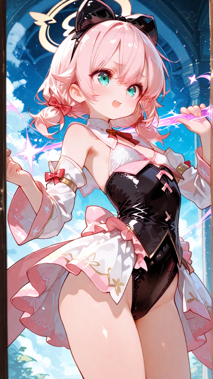 (tmasterpiece:1.2),Best quality at best,perfect anatomia,The is very detailed,1girll,Solo, A high resolution,absurderes,tmasterpiece,looking at viewert,Character Spotlight,A pink-haired,Golden eyes,short skirt,singers,stage,There are lights above,Hold the microphone,Happy expression,white stockings