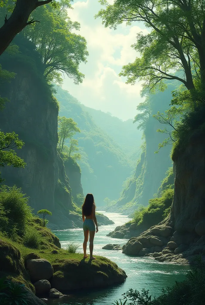 sfw, woman walking in the rain forest towards a highly detailed treant, hollow world, shadows of brimstone, matte painting, highly detailed, natural lighting, dynamic angle, slow shutter speed, narrow angle lens, 35mm, close shot
