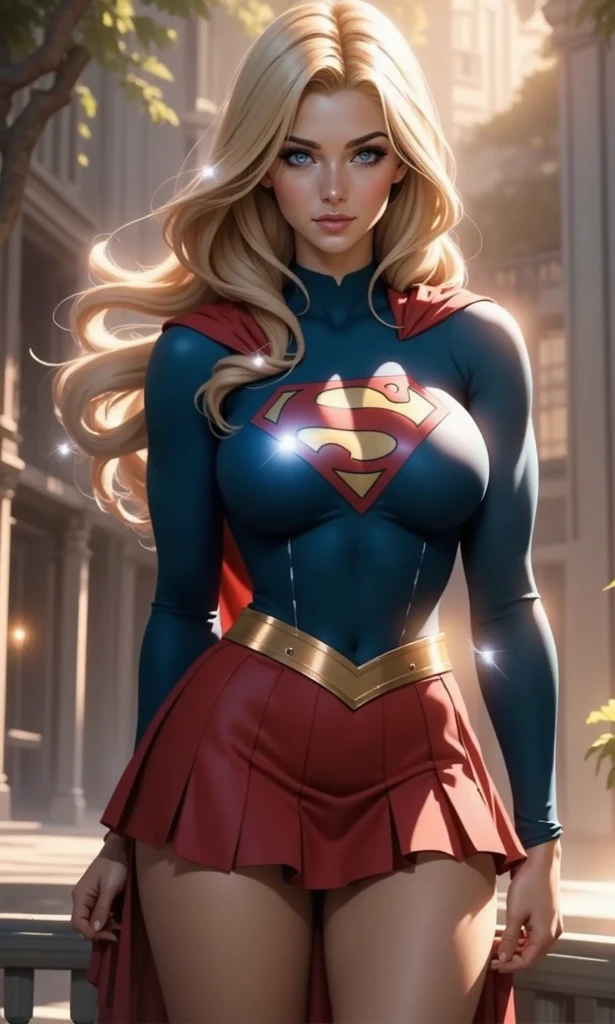 ((best quality, masterpiece, absurd, 8k)), 1 girl, solo, 21 years old,Supergirl(Helen Slater), huge breasts,huge breasts, long hair up to the hip, long hair,loose hair, voluminous hair, young Brazilian, white skin tone, green eyes, expressive eyes, huge breasts, she is the supergirl, Supergirl cosplay, behaved dress,Long pleated skirt Supergirl cosplay, superman suit,City of crypton,  futuristic city, daytime, beautiful, young woman, hands back