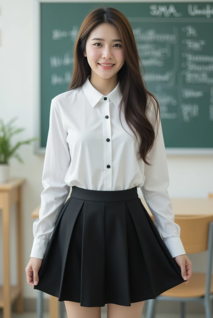 Imagine a stunning illustration in the style of Loundraw, Beautiful school girl drawn. She wears a classic , Pair a fitted skirt with a perfectly lined shirt. Her long black hair, With soft bangs, Falling gracefully onto her shoulders. The girl is depicted in a school setting., In a quiet and peaceful environment, Illuminated by soft, neutral light. Details of the scenery, School tables and chairs, blackboard and books, Carefully rendered to create an authentic feel. The girl's expression is calm and focused., reveal her commitment to her studies. The illustrations convey a sense of calm and concentration, The subtle beauty of school life、It is captured in a delicate and emotional artistic composition.。.