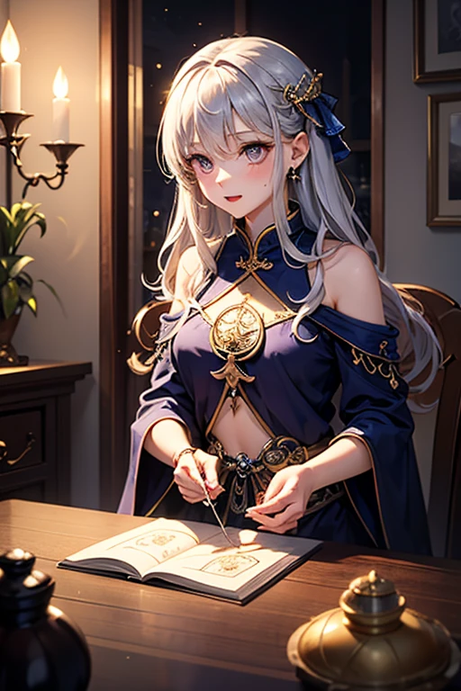 top quality, future world, State-of-the-art robot, Beautiful Woman, flying hair, Transformed into a cyborg except for the face, sexy images, whole body photo, ((Astrologer, star signs ring on table, Horoscope,candles, star signs book ))