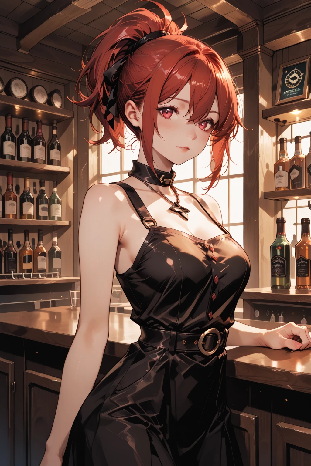 1girl,solo,cute,big breast,cleavage,red long hair,red eyes,drink a cocktail,hold a glass,sashimi on the table,in bub,at night
