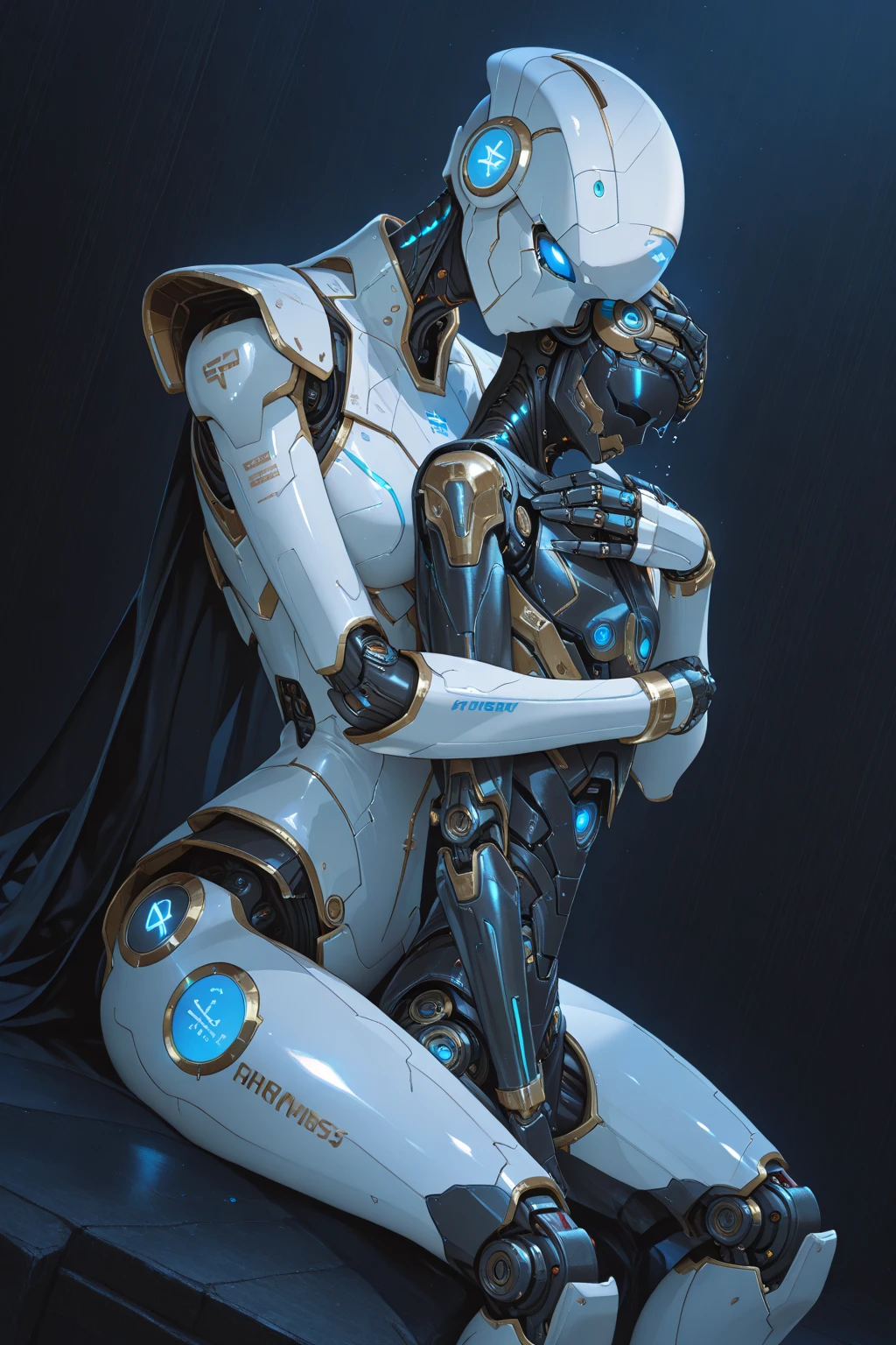 complex 3d render ultra detailed of a beautiful porcelain profile woman android face, and a man android standing above, muscular android man, cyborg, robotic parts, 150 mm, beautiful studio soft light, rim light, vibrant details, luxurious cyberpunk, lace, ((glowing blue eyes:1.5)), hyperrealistic, anatomical, facial muscles, cable electric wires, microchip, elegant, beautiful background, octane render, H. R. Giger style, 8k, best quality, masterpiece, illustration, an extremely delicate and beautiful, extremely detailed ,CG ,unity ,wallpaper, (realistic, photo-realistic:1.37),Amazing, finely detail, masterpiece,best quality,official art, extremely detailed CG unity 8k wallpaper, absurdres, incredibly absurdres,  robot, silver halmet, full body