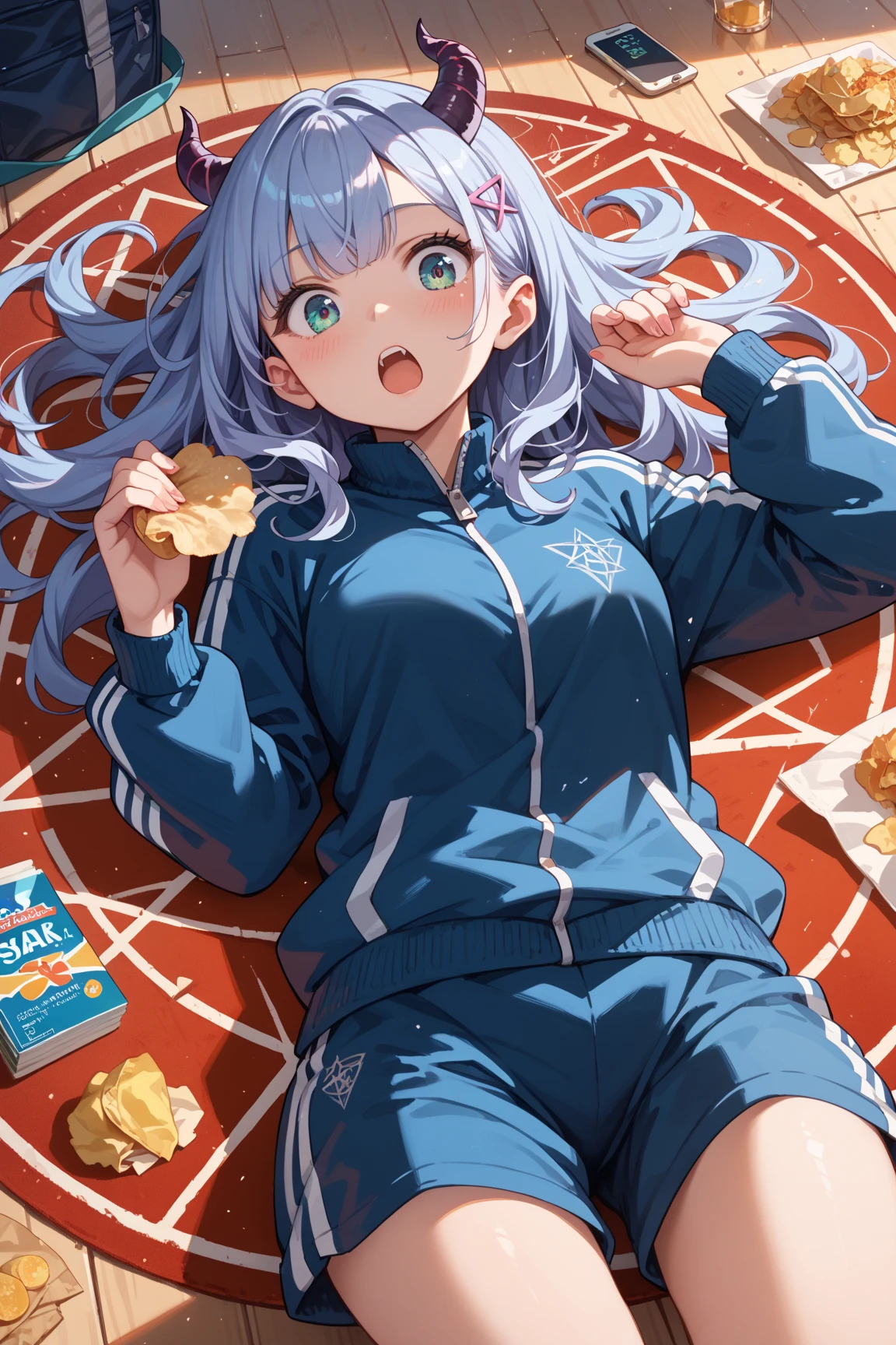 masterpiece, best quality, anime style
surprised lazy demoness
eating potato chips
comfortable tracksuit
summoning circle glow
relaxed lying pose
shocked summoner
casual demon girl
messy snacking pose
magical ritual scene
comical atmosphere