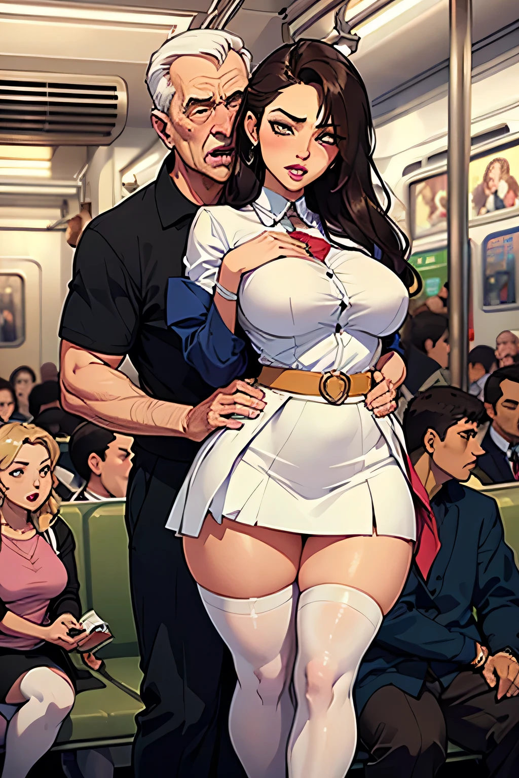 (SFW), ((photorealistic)), (masterpiece), (best quality:1.3), absurdness, [:intricate details1.3], SFW, realistic, masterpiece, (((VERY crowded subway train interior detailed scenario, VERY crowded subway train interior detailed background))), standing insanely hot (young small girl1) using sexy ((skirt)), ((behind skirt lifted)), ((3/4 white stockings)), ((big ass)), ((thick thighs)), ((fear/shocked expression)), (blushed face), (perfect body proportions)), old small man ass groping young small girl 1 from behind, (((old small man pressing his chest on young woman 1 back))) and (((holding her waist behind her)))