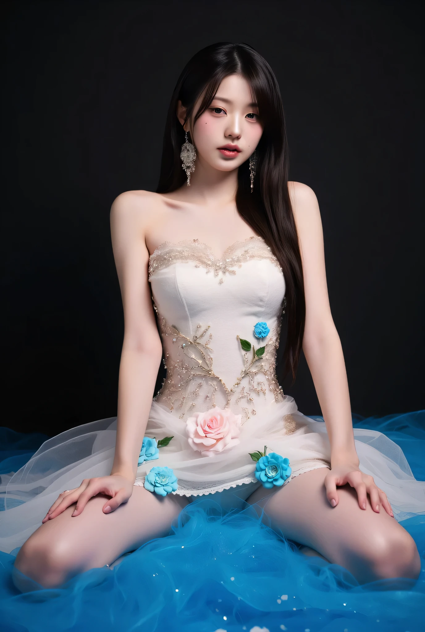 est quality, masterpiece, ultra high res, (photorealistic:1.4), RAW photo,cinematic lighting,a japanese girl,solo,20 years old,big breasts,(detailed beautiful face:1.5),(real skin:1.5),(slender,thin legs:1.3),(big eyes:1.3),(smiling:1.3),(brown wavy hair:1.5),(Princess,See-through gorgeous dress,tiara:1.5),BREAK,(in garden,arch blue roses:1.8),(millions of blue rose flowers:1.5),(gate decorated with roses:1.8),(circle of roses:1.5),