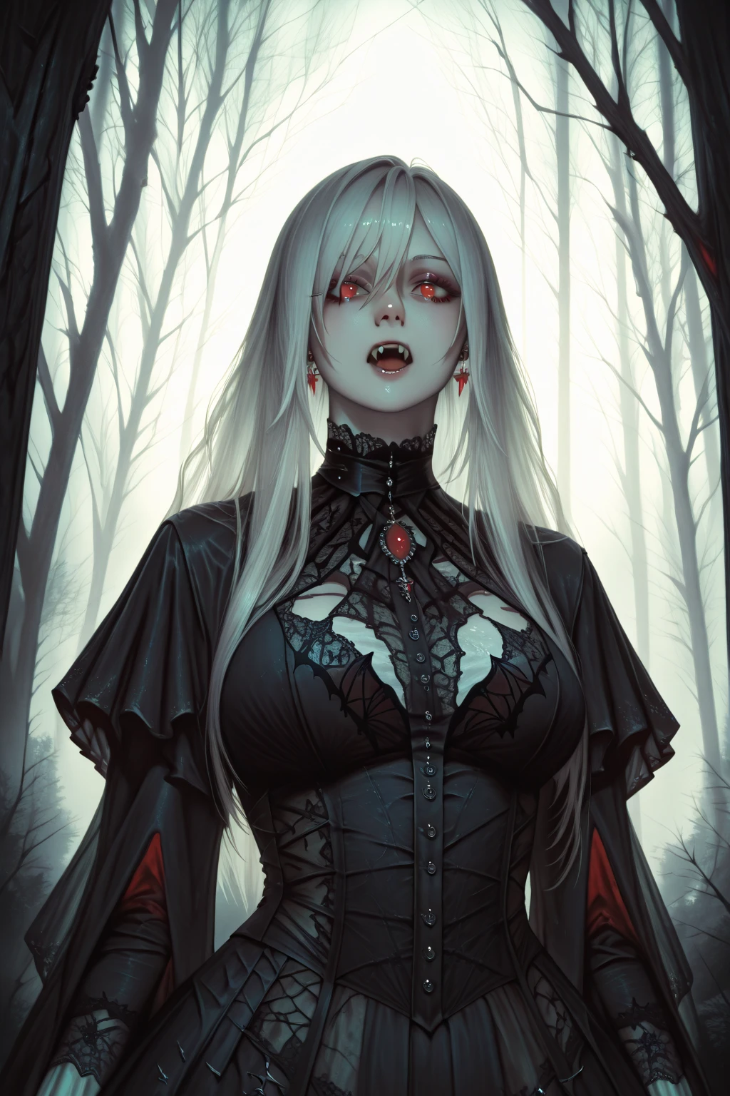 Very old witch, white and wrinkled skin, long bony thin face, high cheekbones, big lips, red lipstick, very very big black eyes, black gothic makeup,
Very angry and scary, big bony nose,  dangerous selfish ruthless domineering , long white hair