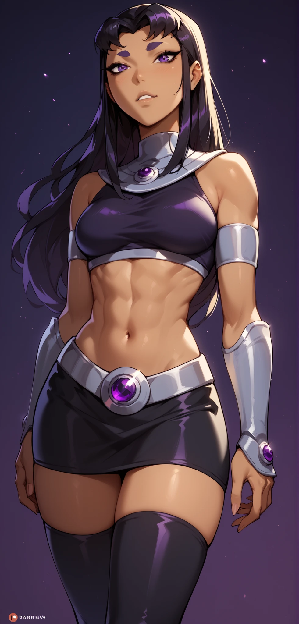 (solo:1.1),(masterpiece), (best quality:1.3),, highly detailed, intricate, professional art, digital art, absurdres, confidant, Blackfire, futanari Blackfire wearing an armored-crop-top with armored-booty-shorts and armored-thigh-boots posing confidently in night-club,(armored-thigh-boots), (Blackfire silver armored sleeves),(detailed face), 1girl,(sadistic smirk), solo,(slender build),(Long legs:1.1),(broad shoulders), (long sleeves), black hair, (purple eyes colour), (dark tanned skin:1.4), wide hips, (aroused:1.2), (futanari:1.1), (makeup 1:1), (black lipstick:1.3), large penis, (huge crotch bulge:1.3), (Long crotch bulge:1.3), huge testicles, frontal view, universal lighting, small head,(Bubble Butt), gluteal crease,
