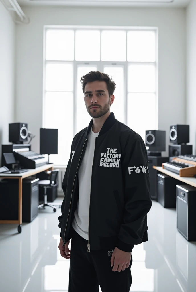 20 year old man, dress with beige hoodie, sitting in an FM radio studio, in front of a pc, speaking into the microphone of the radio studio, radio studio background, jeans pants, radio 94 logo.7 deep