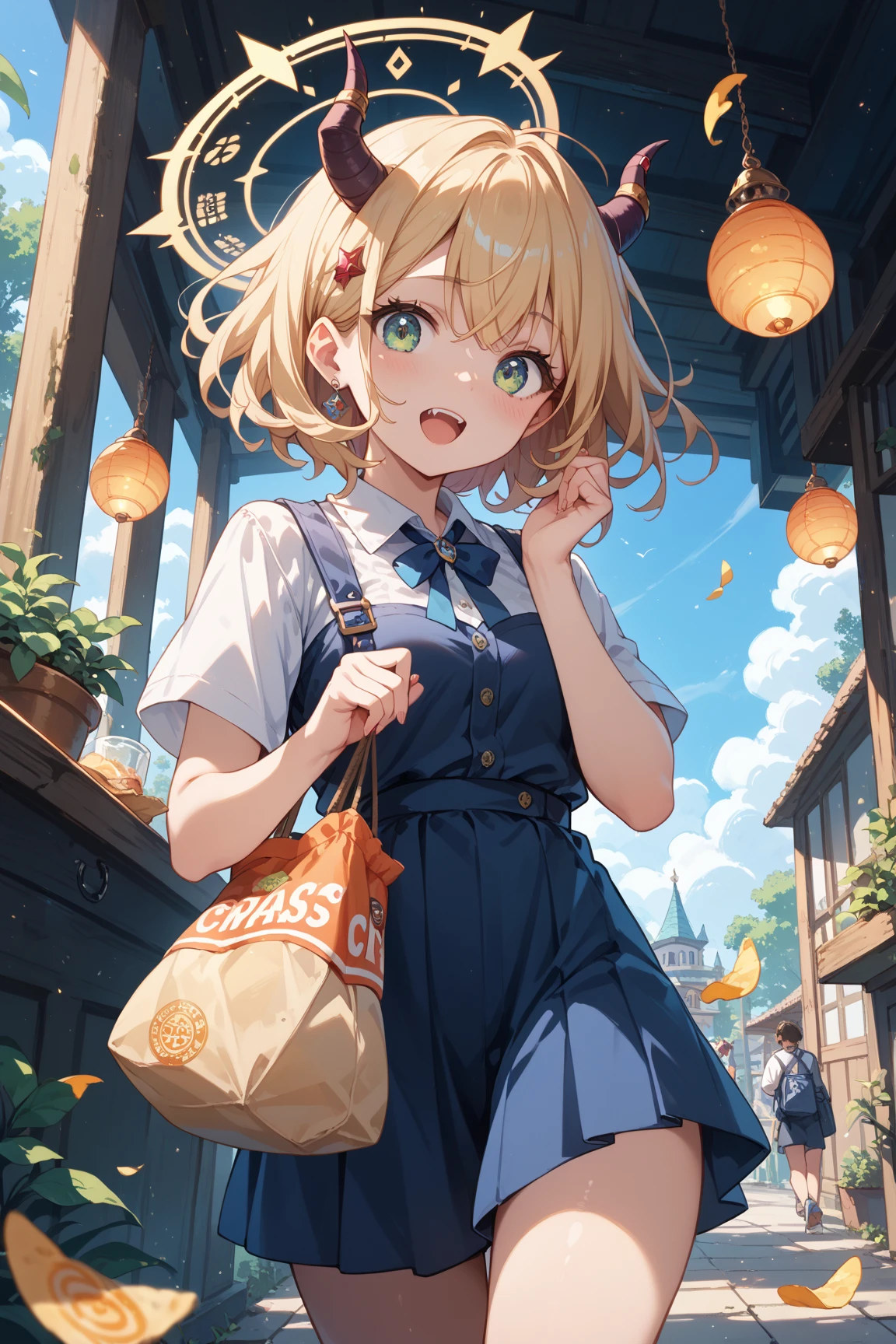 masterpiece, best quality, anime style
comical demon summon
snacking demoness
lazy sprawled pose
mystical circle light
modern casual wear
shocked reaction
cute horn design
potato chips bag
contrasting mood
ritual chamber setting