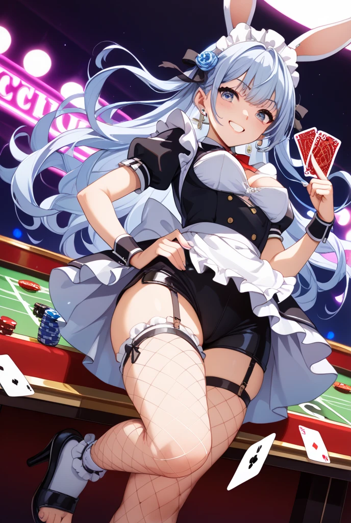 casino、Dice、ルーレットに大きなDiceを投げる、Roulette Dealer、Light blue long hair、Beautiful girl with twin tails、Bunny Girl Costume、Bright smile、