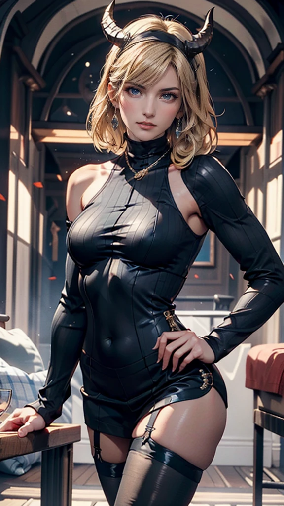 A blond-haired, 35-year-old female breton stands confidently on a balcony, bathed in warm indoor lighting that accentuates the curves of her cyberpunk-inspired ensemble. She gazes directly at the viewer, her piercing gaze enhanced by the subtle sheen of her tight latex dress. The gothic ambiance is amplified by the night sky behind her, while medium-sized breasts are subtly highlighted beneath the fitted fabric. Framed at 1.3 upper half, the portrait captures the subject's captivating presence amidst a futuristic outdoor setting.