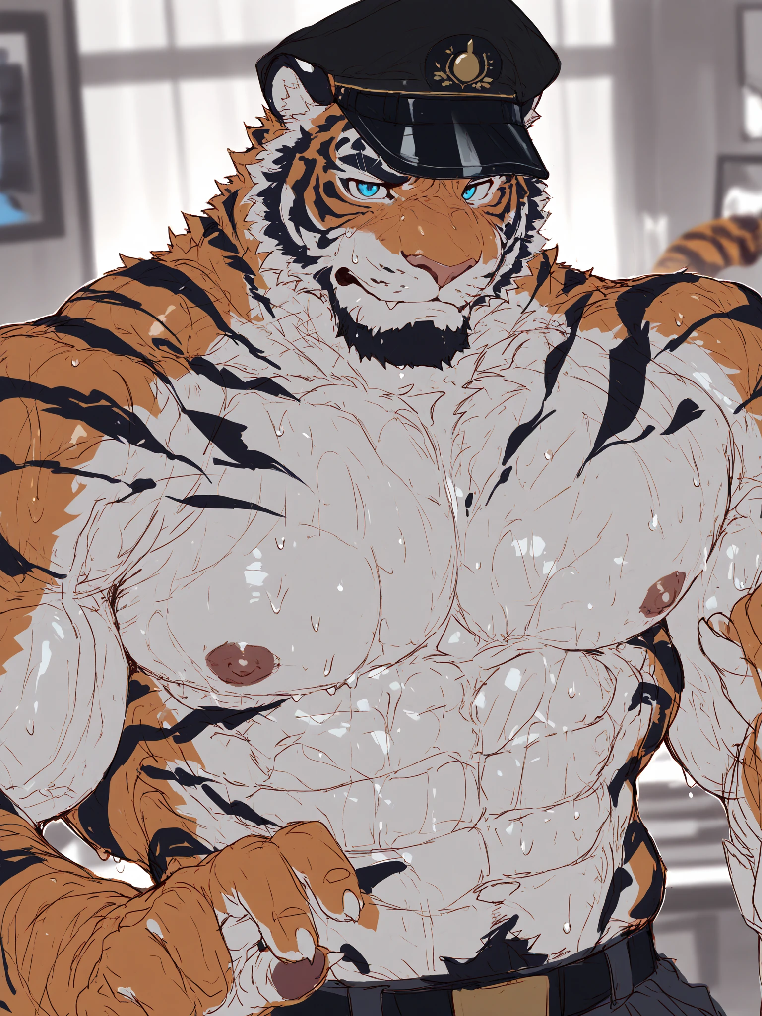 an imposing, muscualar male furry tiger man, skinny, athletic, wearing leather fingerless gauntlets