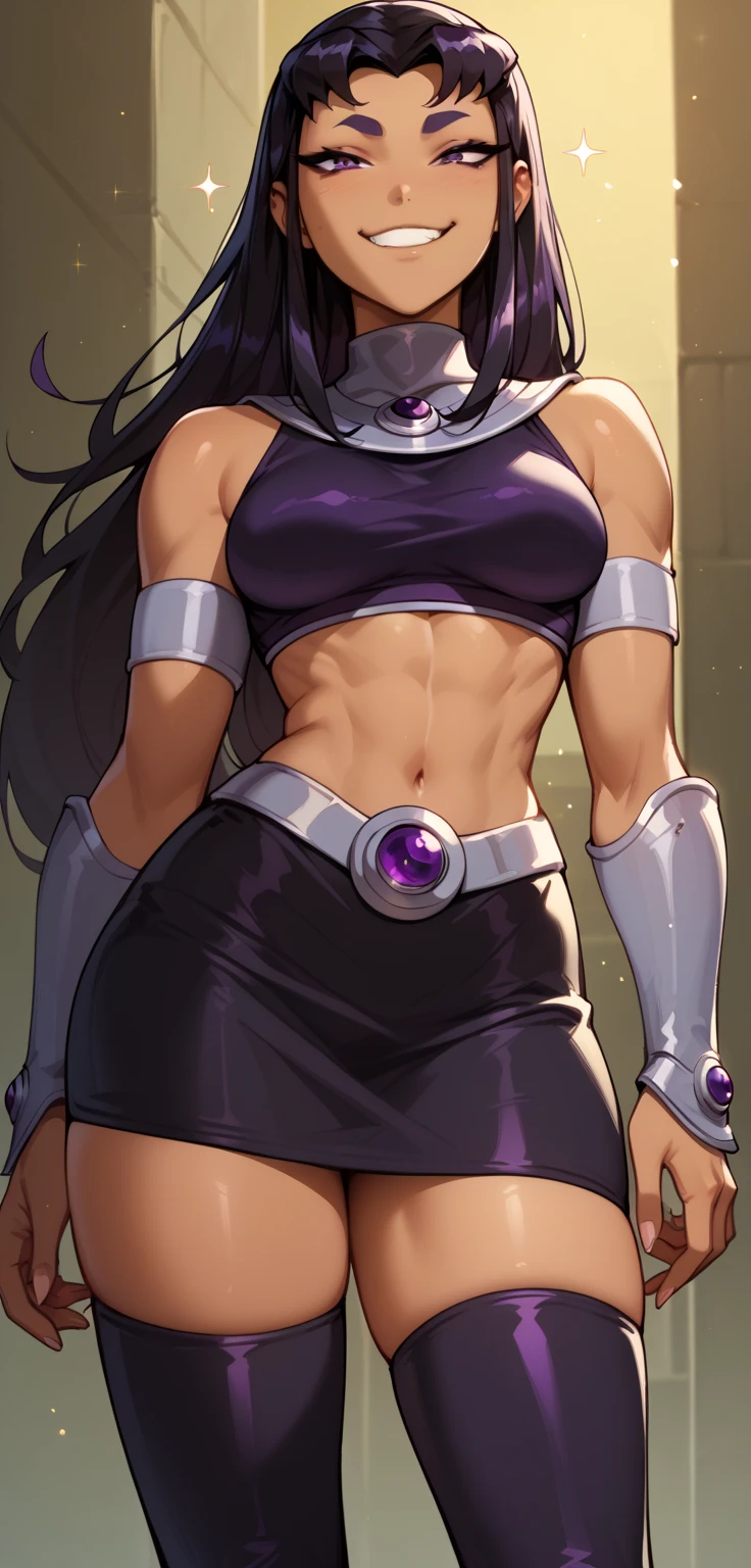 Raven(teen titans), chubby, thicc waist, large chest, black hair, purple eyes, black skin thigh suit, cleavage, boob window, purple hood, red gem, thicc thighs, purple shoes, magical powers