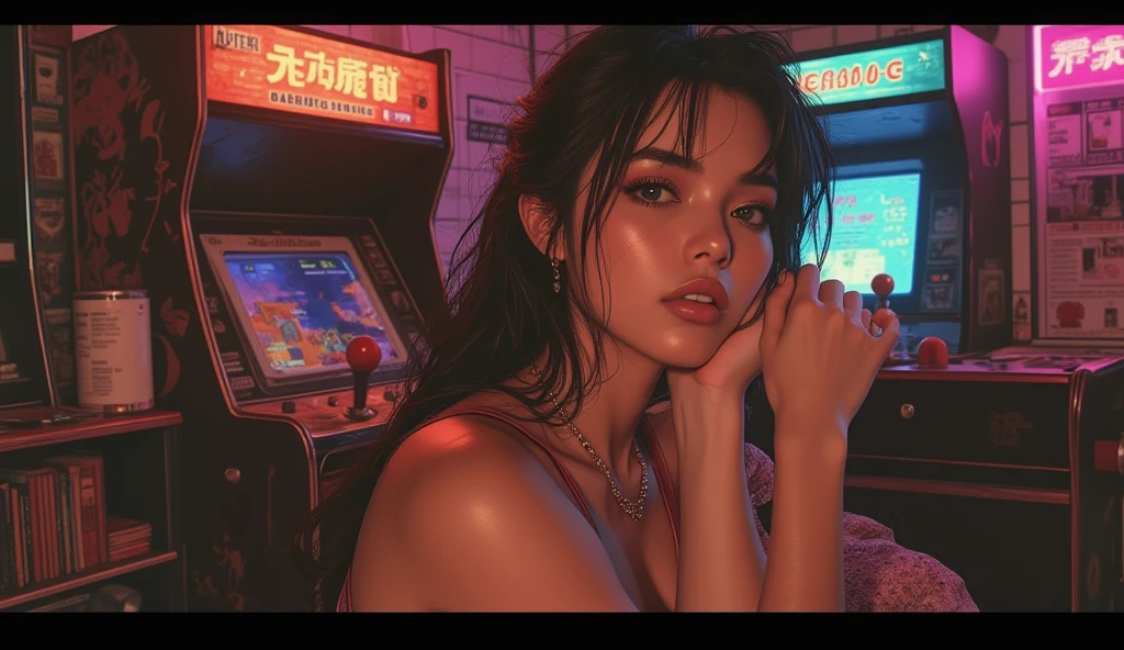Believe me a girl with black hair color, brown eye color, blue dress and glasses in an online casino
