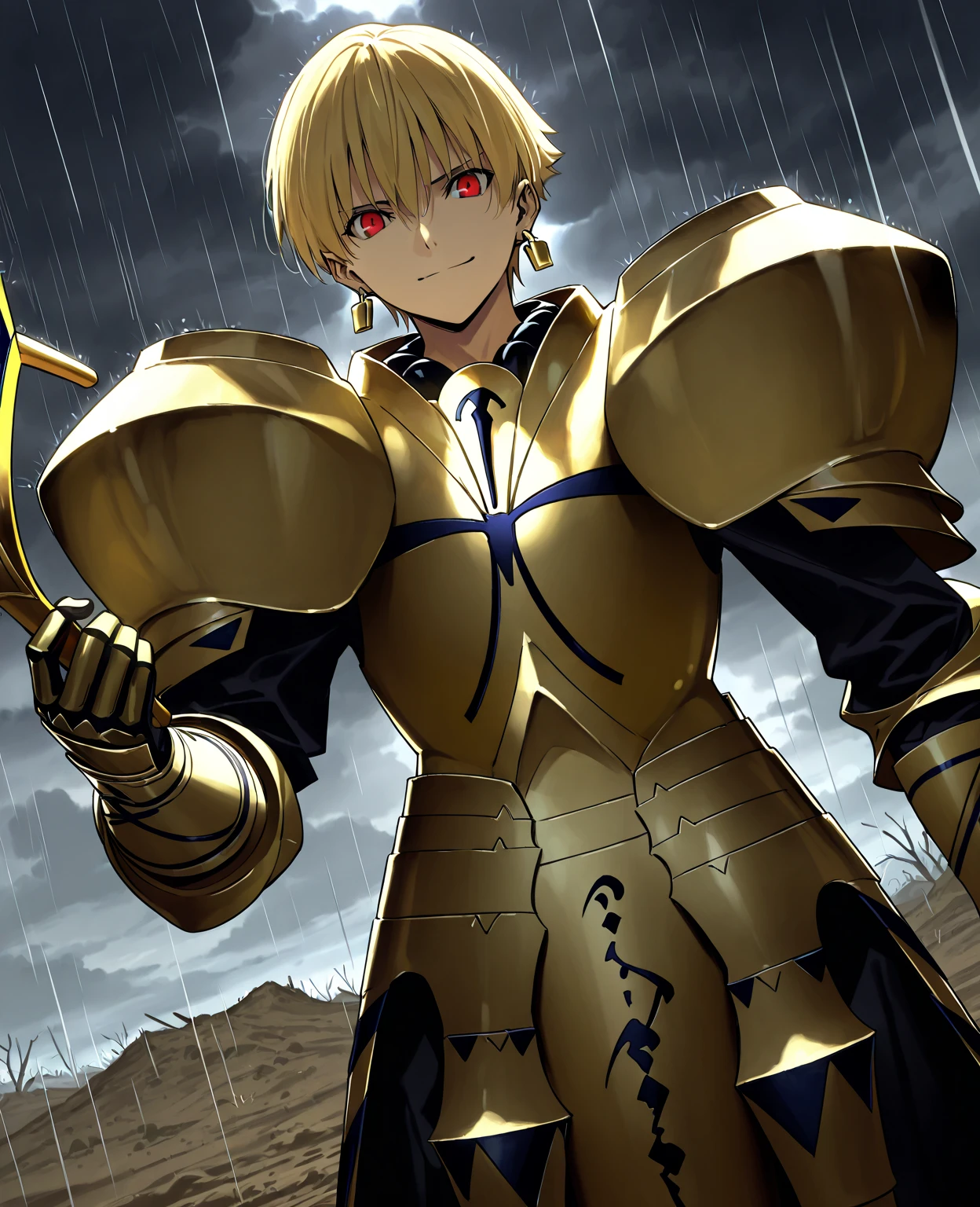 high resolution , masterpiece , necessary details , best quality , high quality , High details , Precise details , Morii Shizuki Artist Style, 1man, male focus, young adult boy, 20 years old, Gilgamesh ( Fate ), blond hair, pale red eyes, piercing eyes, cold look, scary look, fear-inspiring smile, mouth closed, very detailed face, golden armor, gold earrings, standing on a pile of uprooted trees, devastated forest, dirt and gass on the ground, he's holding a golden lyre in his hand, looking at viewer, upper body, face close up, extreme close up, dark sky, cloud, raining, thunder, cloudy sky, perfect shading, perfect lighting, ambient occlusion, cinematic lighting , cinematic angle, anatomically correct , epic angle, UHD, 16K, high angle view, ((cowboy shot , From front:1 . 2))