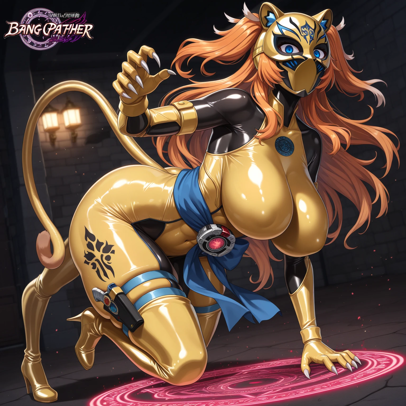 Cammy, elegant adult female, blonde, green eyes, (yellow eyelashes), crown, turtleneck, cleavage cutout, sleeveless, blue leotard, elbow gloves, gauntlets, blue thigh, elegantly (sit on throne), throne room, close-up protrait, high resolution, extremely detail 8k cg, yellow bikini (yellow tiger stripes)