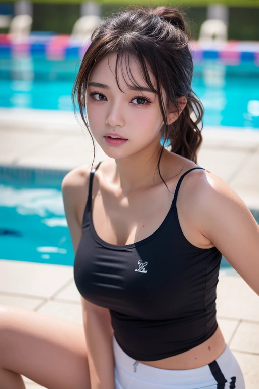 ((Sports Swimsuit:1.3)), swimsuit, skin color, big tits, laugh, (8K, RAW photo, best quality, masterpiece:1.2), masterpiece, super detailed, super high quality, (realistic and lifelike photo:1. 37), high resolution RAW color photo, very delicate and beautiful, highly detailed, 8K wallpaper, amazing, detailed, highly eyes, very detailed, very detailed skin, very fine fingers, very detailed nose, very detailed mouth, perfect anatomy, upper body, swimming, transparency, tiny swimsuit, Nogizaka Idol, Korean Idol, gravure idol pose, 18 years old, cheap, cafe, restaurant, Italy, USA, Australia, BREAK ((upper eye)), ((angle from above: 1. 3)), from above, looking at the camera,