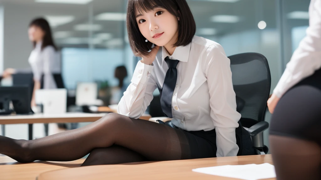 (Only one person), Pure Japanese young office girl, outstanding body, beautiful legs, wearing formal business suits, (panty), high heels, formal makeup and lips, thick eyebrows, formal hair styles, sweet smile, sitting in nobody’s Sunday office, spread wide legs, lift up skirt, soft sunlight, summer atmosphere, sexual attractive, sexual temptation, professional photography, 