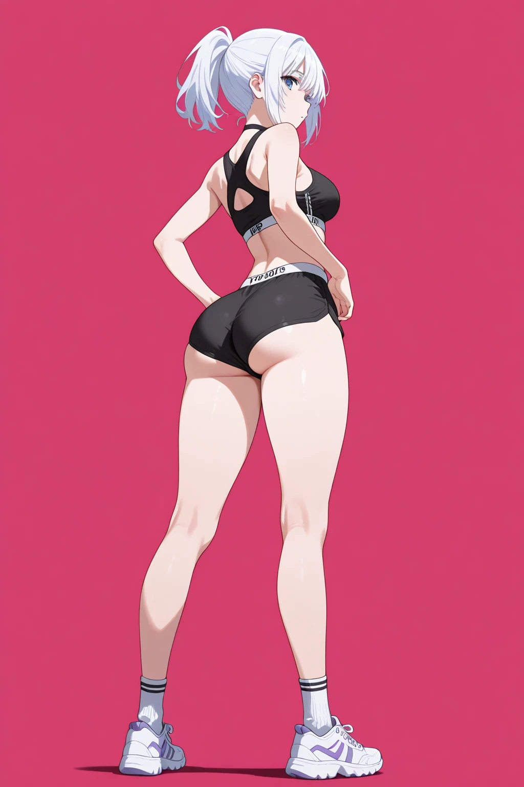 (masterpiece, best quality, 1girl, solo, intricate details, chromatic aberration), realistic, ((medium breath)),long hair, pink hair, red head ornament, pink highlights, hair over one eye,purple eyes, earrings, sharp eyes, choker, neon shirt, open jacket, crop top, (symmetry eyes),(perfect symmetrical body),against wall, brick wall, graffiti, dim lighting, alley ,look at viewer, woman at a gym, cute, front Pose, fitness girl, standing, erect Pose, symetrical, fitness model, skinny, Red sneakers, best qualityer, relaxed arms, hands down, ankle, fullbody view, stand straight with your back upright. Keep your shoulders back and maintain a straight line from your head to your feet. Full body overview, feets close, symmetrical front, head straight to the viewer