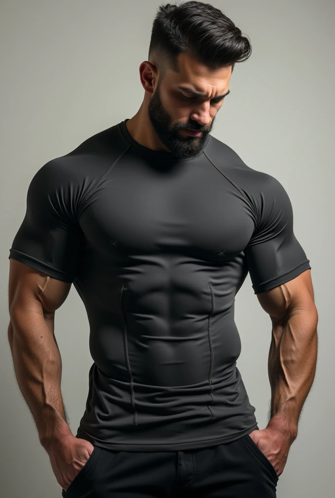 Character design (open mouth muscle special soldier, Buzz Cut, national character face, tough guy) wearing a long-sleeved dark black high-neck stretch tight T-shirt, thickened and warm security uniform, standing in a luxurious bedroom, looking intoxicated and enjoyed, eyes slightly narrowed, mouth open into an O-shape, expression enjoyment, deep and charming eyes, emerald pupils, he is tall, burly, muscular! Sexy charming muscular leg muscles, tall burly, dark black long sleeve stretch turtleneck skinny T-shirt, super gain and cool, high resolution commission, white sneakers, warm lights on the body, camouflage pants, expression mesmerized enjoyment