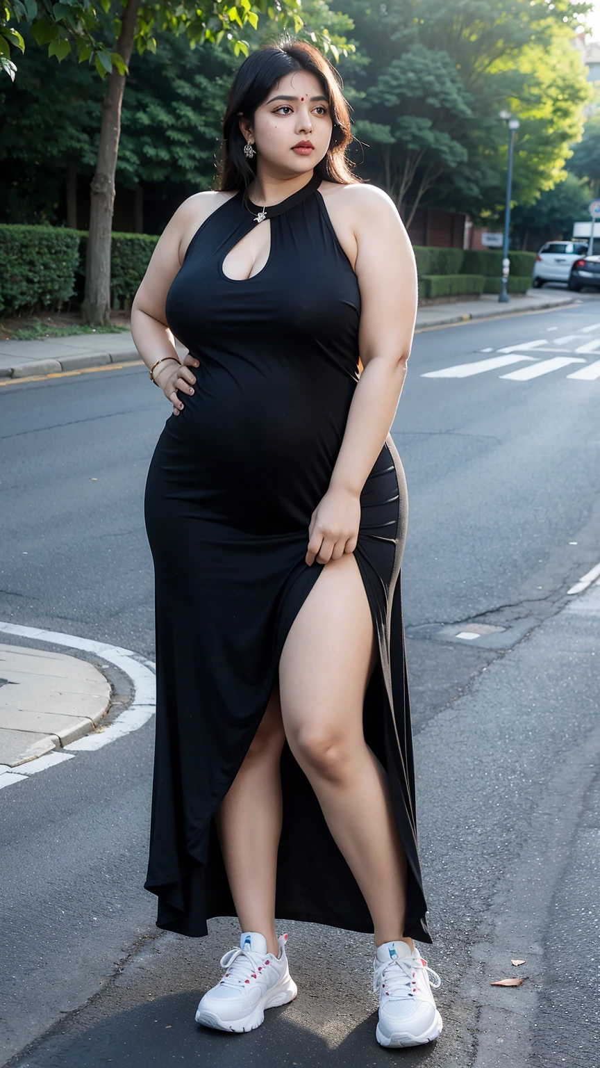 ((best quality)), ((masterpiece)), (detailed), perfect face, araffe woman in a dark-blue dress walking down a street, thicc, she has a jiggly fat round belly, bbwchan, wearing dress, skinny waist and thick hips, widest hips, her belly is fat and round, soft curvy shape, hyperrealistic full figure, wearing a cute dress , wide hips, cropped shoulders,Bare belly,(big assa:0.7),show legs,, thicc, beautiful thick female, beautiful curvy female,, Tall and tall,clear curvy details, curvy hourglass figure, alluring plus sized model, bbwchan, Voluptious body, Curvy model, Curvy body, Be red in the face, 1girll, a matural female, A MILF, the golden ratio,(Kpop idol),(Oil skin:0.72),(Oil skin:1.1), iremuzi tattoos on thighs, big tattoo on thighs, japanese goddess , korean Goddess , milky white skin, wearing hijab clothes, wearing sneakers