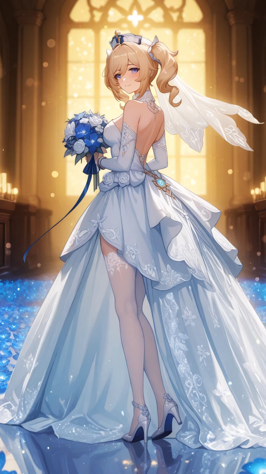8k wallpaper，detailedbackground，Highest high resolution，silber hair，Bandeau wedding dress，white wedding gown，tight-fitting，Castle background，A princess，rosette，rays of moonlight，Hair covers one eye