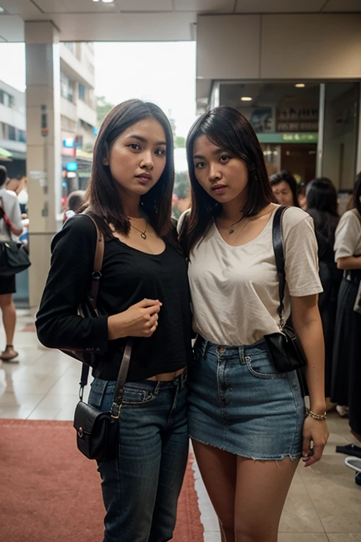 Female supermodel. Green t-shirt and jeans. Dim, soft lighting. Sunset. Sugamo Jizodori Shopping Street, Tokyo, Japan. Sunset.