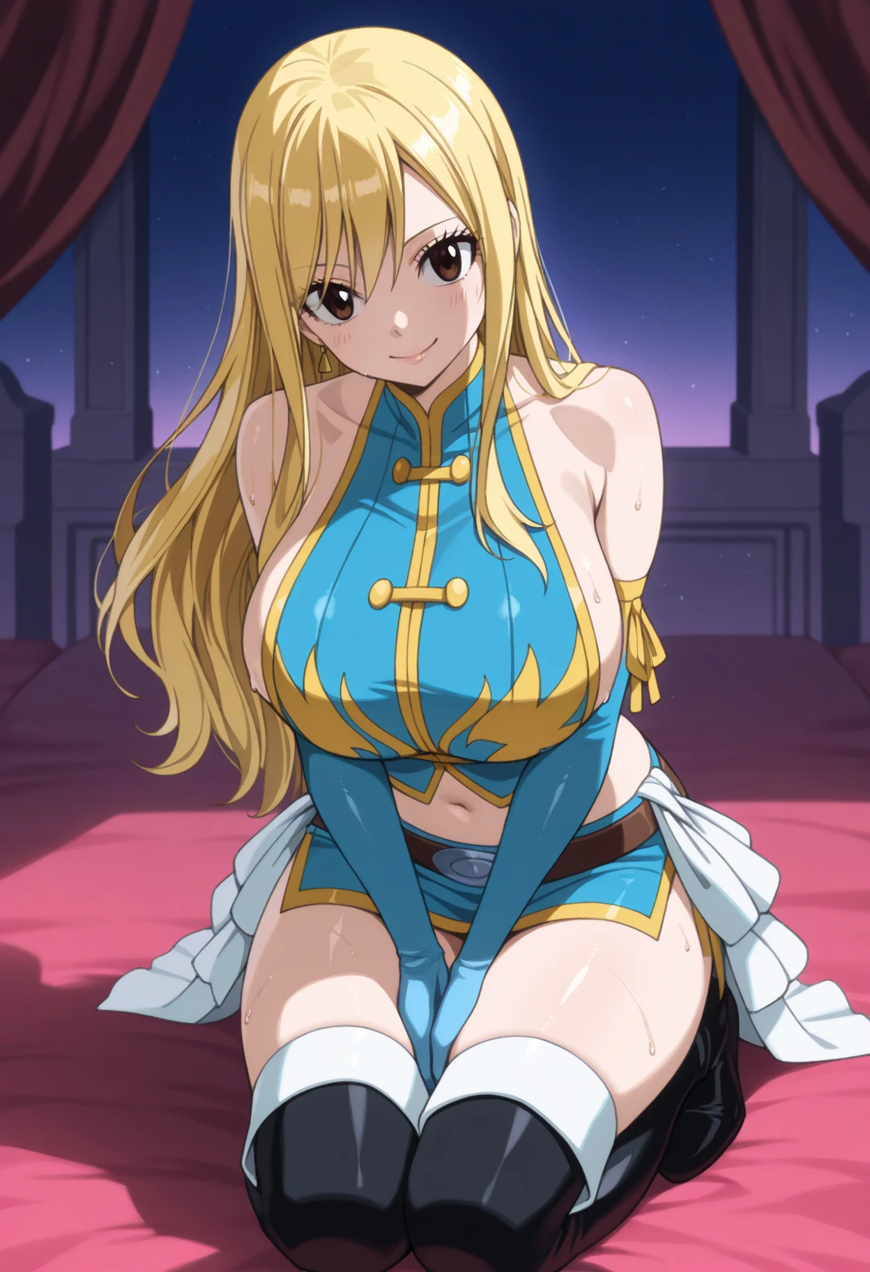 Fate T. Harlaown,Fate T. Harlaown(Magical Girl Lyrical Nanoha),Magical Girl Lyrical Nanoha,Blonde,Long Hair,Straight hair,Red eyes,Big Breasts,Large Breasts,thigh, No sleeve),True Face, Leg spread, Sitting, bikini, sole