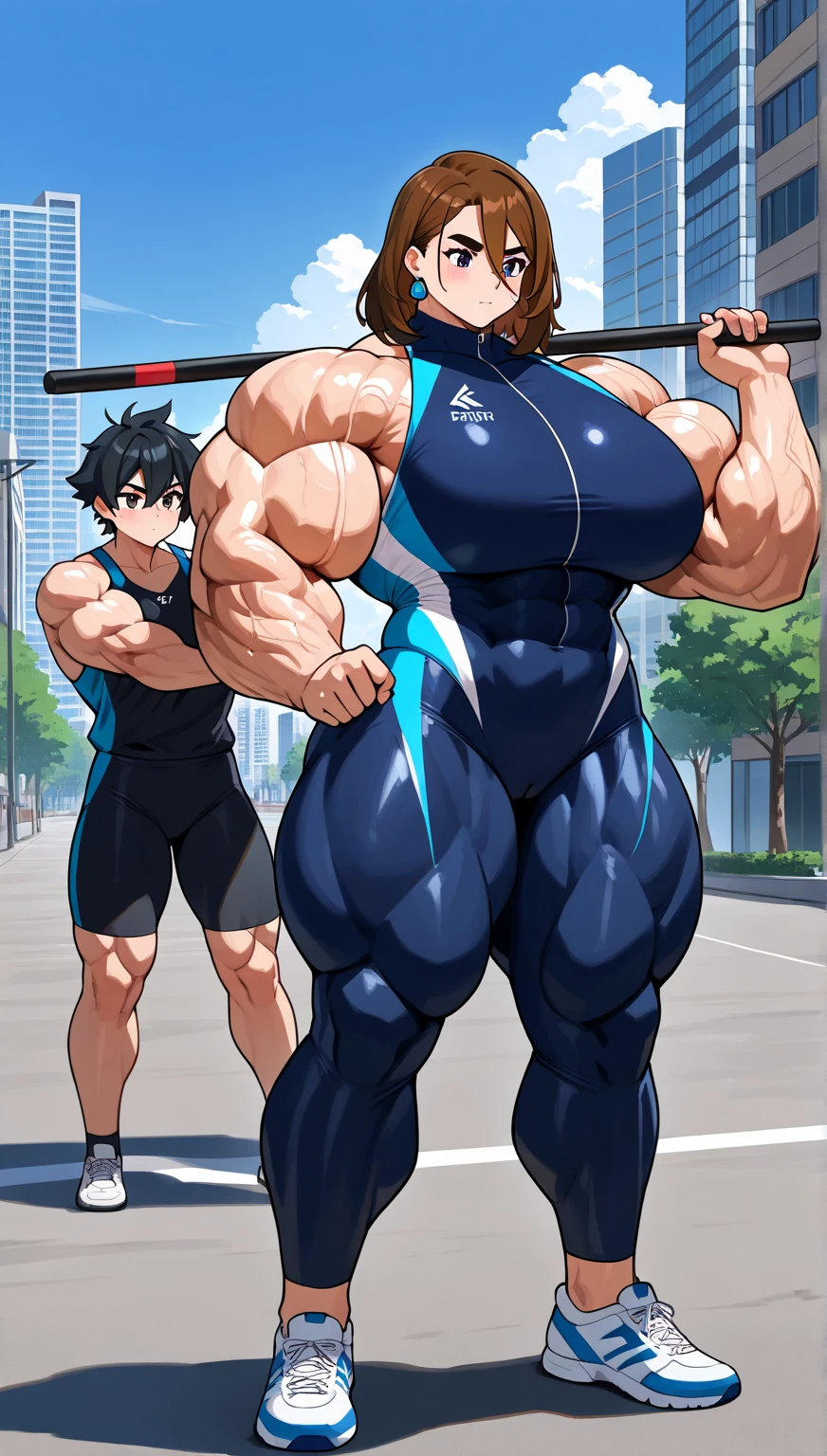 Woman in black bikini and small man in white shirt, weak and small man, thin and small physique, Very beauthful. , ,weak and defenseless man, small physique, , muscular ultraviolent woman, muscular and scary, absurdly huge physique, big muscles, extremely muscular woman, lifting on the pe, raising the leg , leg up, ((leg raised in kick)),