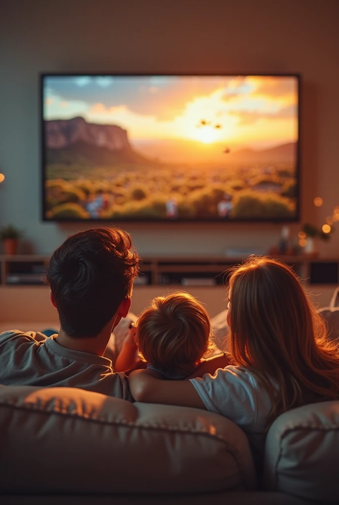 A heartwarming scene where a woman, a 'มนุษย์จิ๋ว' (tiny person), is watching a movie with a larger man in a cozy living room. The woman is comfortably seated on a cushion or a specially designed seat next to the man, who is relaxed on a regular-sized couch. The room is softly lit with warm lighting, and the TV screen casts a gentle glow, showing a movie they’re both enjoying. The man is leaning in, smiling and engaging with the film, while the tiny woman is nestled comfortably beside him, possibly sitting on his lap or beside him on the cushion. The scene captures their shared enjoyment and close bond, with a sense of warmth and intimacy in the inviting, relaxed atmosphere of their home.