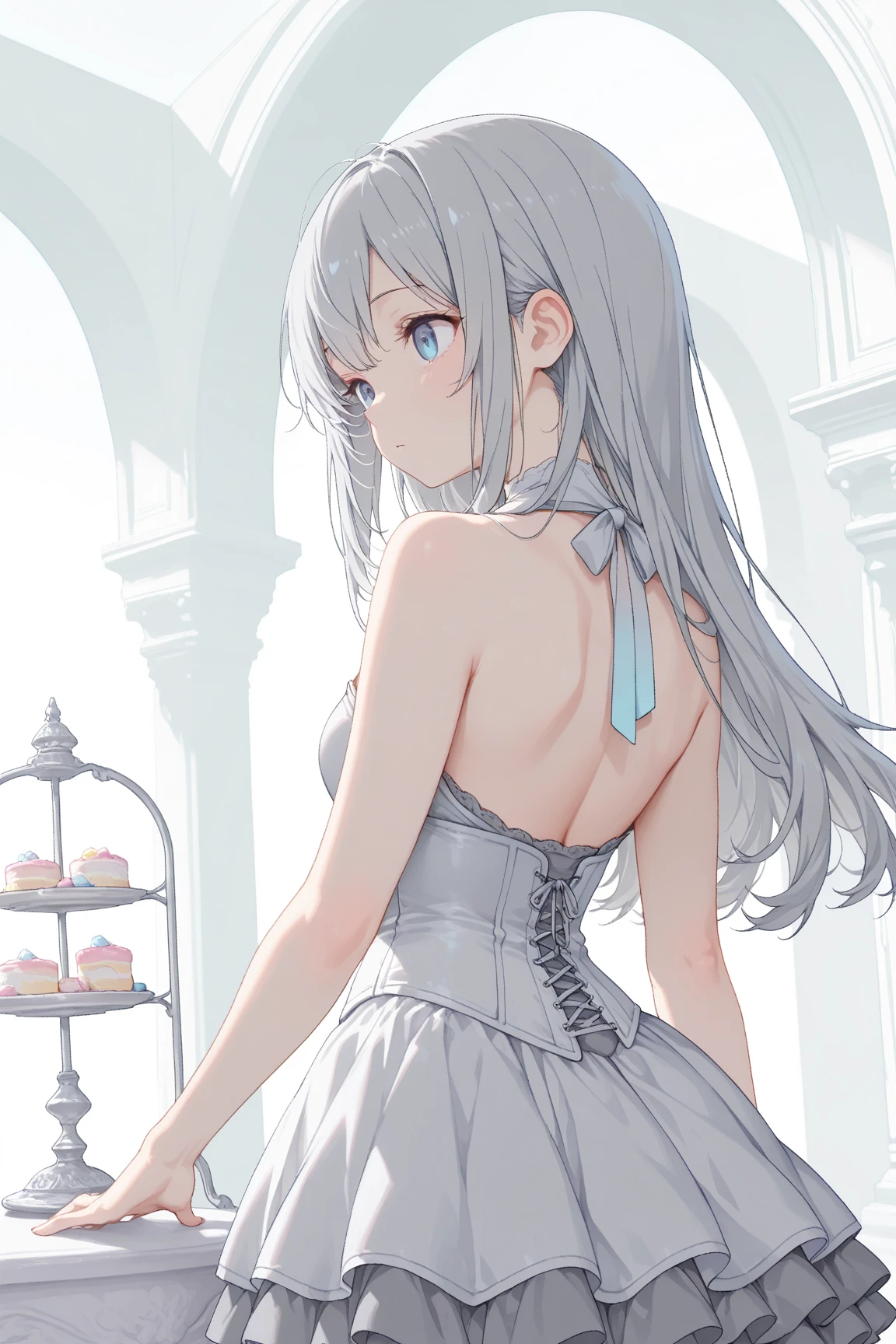 Detailed,Masterpiece,Ultra-detailed,Solo,(1boy),(White background:1.3),izumi_sagiri,bow, Pink_bow, Long_Hair,Silver hair, full_Body,Bare legs, (dress :1.2), Hair_bow, nose blush, 鎖骨,Closed mouth,(standing:1.1),Looking back,