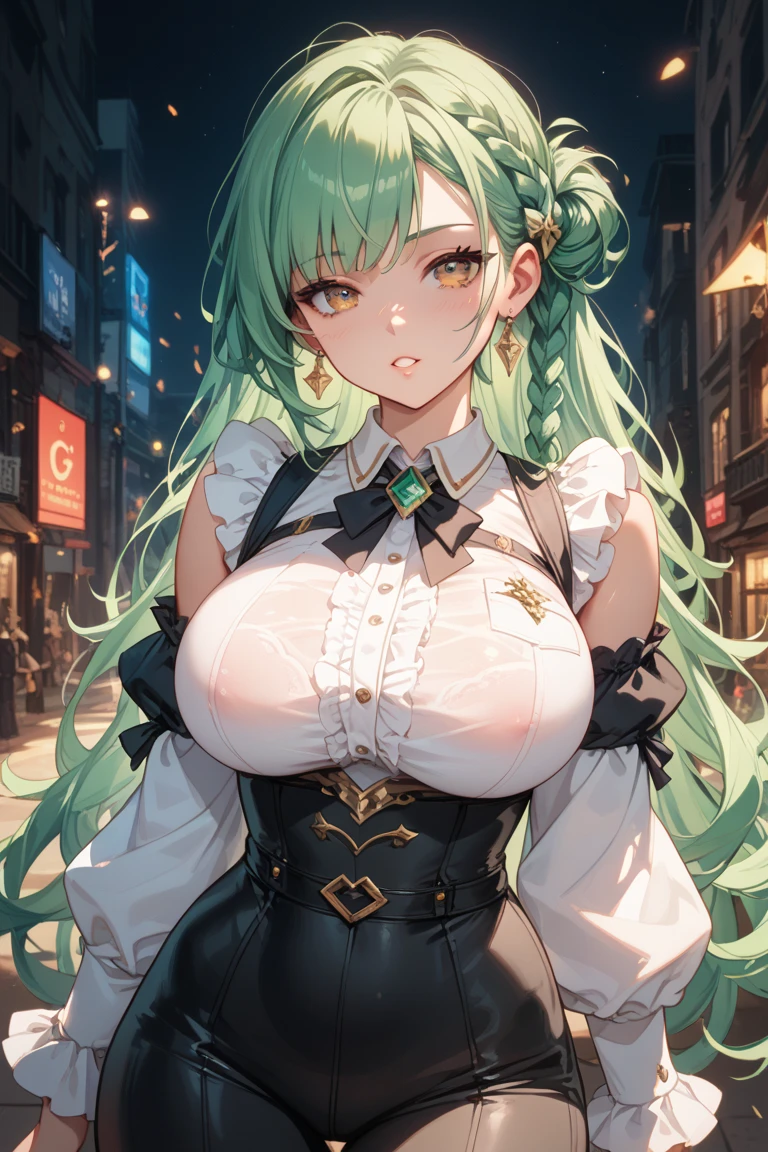 masterpiece、highest quality、8K.smile、blush、yellow green long hair、hands behind head、white boa jacket、Open chest、big breasts、black shorts、White knee-high socks、in the city、thin thighs、Bring your chest together at your elbows、stick out your butt、slouch
