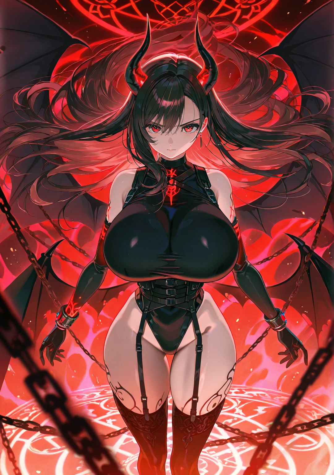 Fantasy, night, 4k, high detailed, Cinematic scene and lighting, a voluptuous succubus with horns and curvy body, hangs down on chains from ceiling, wrapped in chains, iron chains, bound, heavy Iron chains, fearful look, angst, red eyes, shot from below