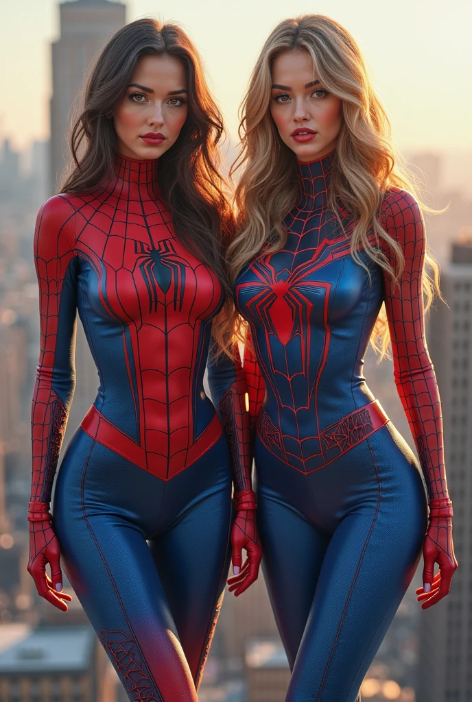 Kate Beckinsale and angelina jolie, highly detailed spiderman cosplay, panties, wet legs, big boobs, lush butt, in superhero pose, (full body), hourglass body, long curly hair, full legs, detailed face, cameltoe, cinematic, maximum detail, city, standing with back to ceiling, looking at viewer, muted colors, cinematic soft lighting, insane detail, intricate detail, hyper detail, masterpiece, 8k, (detail), hdr, high quality, ((high skin detail, skin detail)), sharp focus, 8k uhd, dslr, high quality, film grain