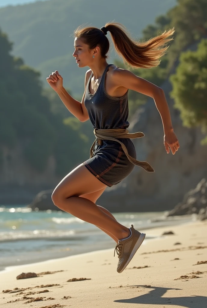 arafed woman running on the beach with her legs in the air, girl running, running freely, girl is running, running pose, running, stretch, leaping with arms up, leaping into the air, leaping, short in stature, jump, sprinting, leaping towards viewer, dynamic active running pose, viral photo, jumping