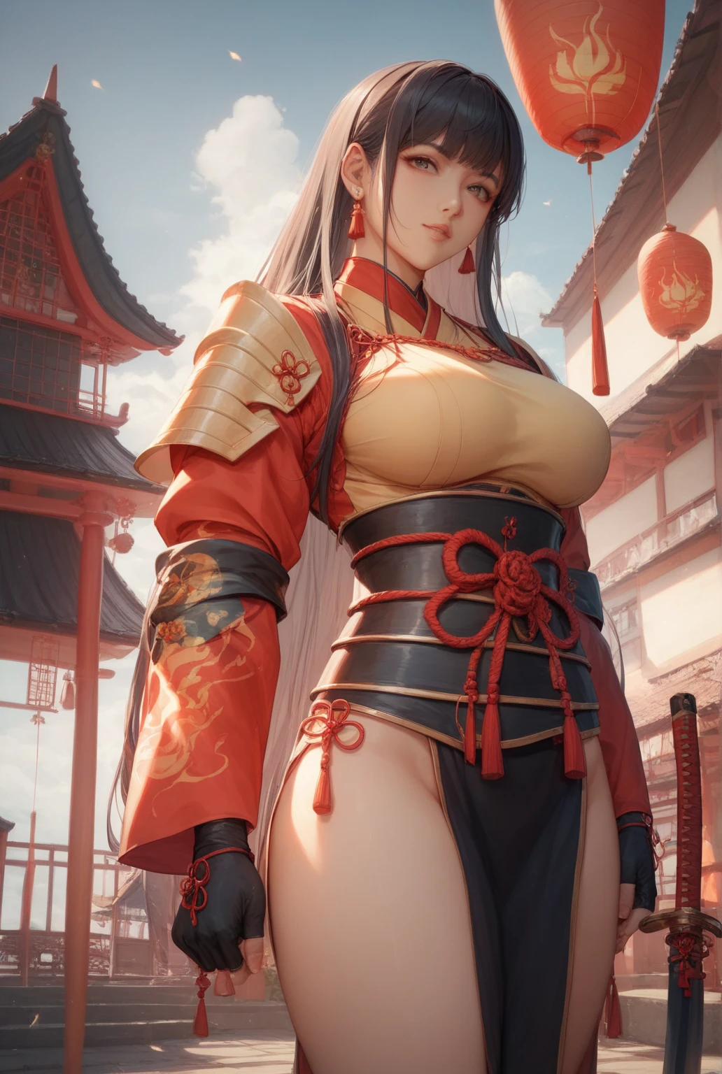 mujer japonesa, estilo samurai, muy sexy, muy hermosa, ojos grandes, calidad ultra, estilo 3D, era edo, castillo japones de fondo, bosques de sakuras, con espadas en la espalda, con escote muy grande, de senos grandes, cuerpo escultural, piernas grandes, pectorales marcados visibles, ultra realista, hdr