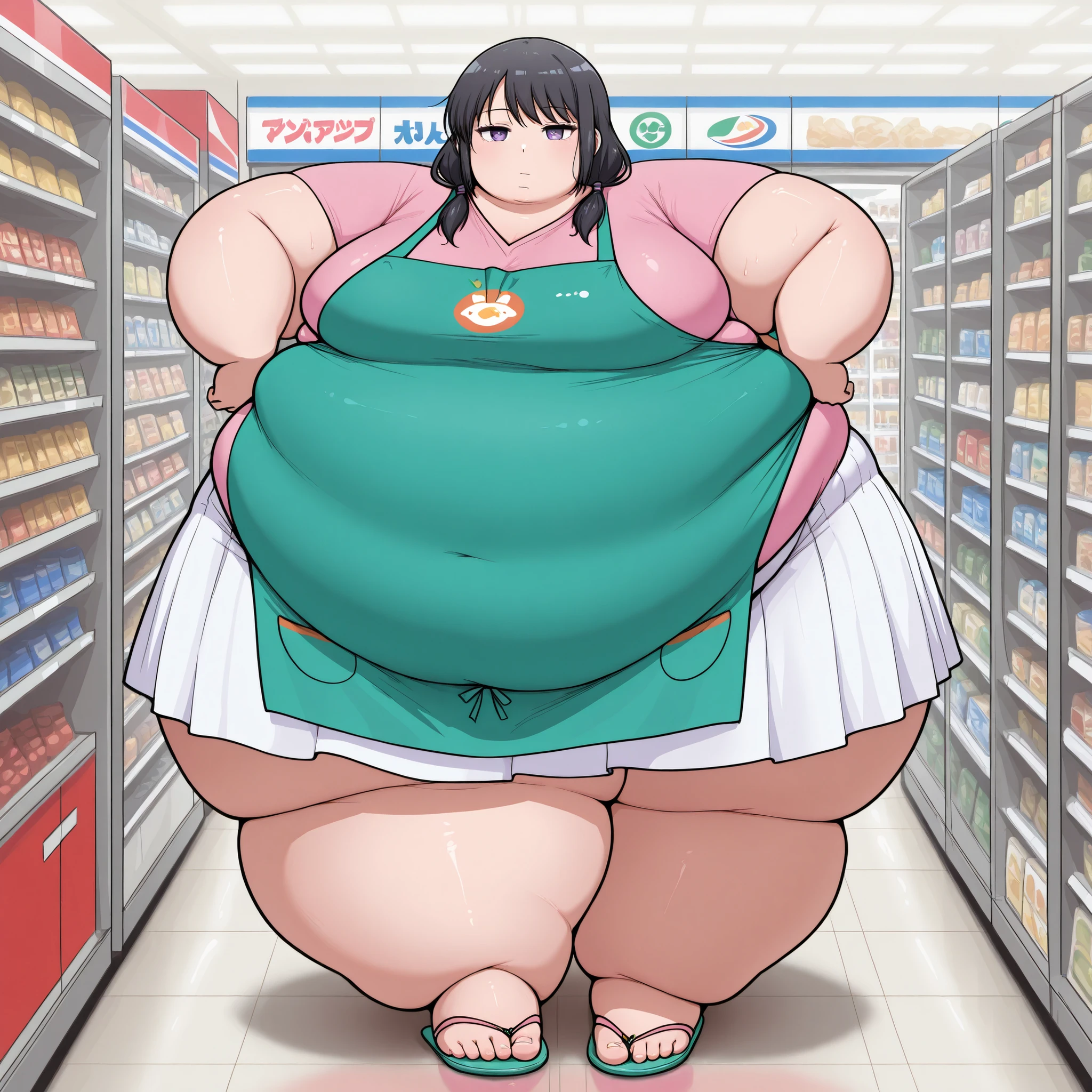 masterpiece, best quality, super detail, 4k, 1girl, (female ssbbw, frilly red top, frilly trousers:1.1), bbw, cute, sexy milf, mature, supermarket, gigantic breasts, heels, long purple hair, extremely wide hips:4.0, massive thighs:4.0, massive calves, massive ass, wide belly, excited expression, aroused, sweaty, (getting turned on, on hands and knees,, she is crawling towards viewer, eyes open, eyes very well defined (high priority), pupils very well defined(High priority)),(her face is close to viewer) , Image in anime style, add detail, high detail eyes