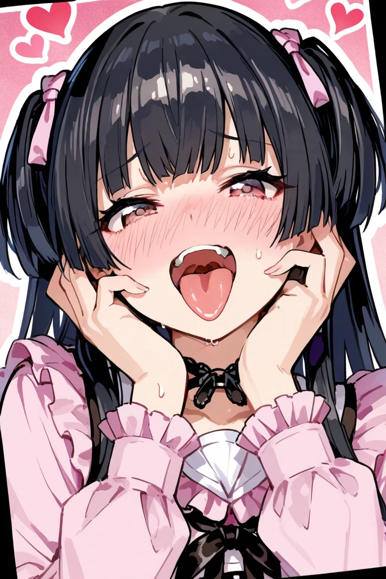 handjob,side view,eye-level shot,face focus,open mouth,tongue out,cum on tongue,lick,(1girl,Beautiful 16 year old girl),((Slender,Small breasts,Baby Face,Small face,)),looking at viewer,Black Hair,bangs,two side up,Gray Eyes,Drooping eyes,slit pupils,narrow eyes,Black and pink bra,panties,Beautiful and detailed anime art,Mischievous smile,Dimly lit room,Simple Background,Gray background,Low lighting