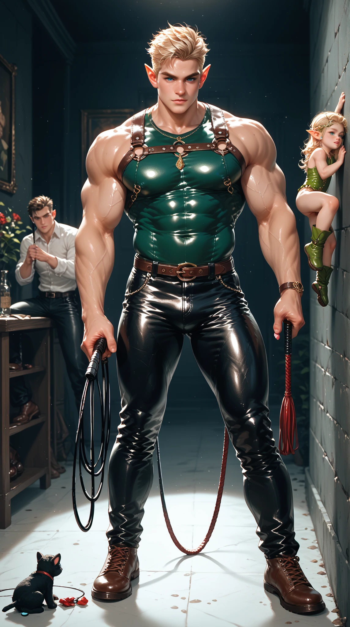 Homem gay sexy, sexy muscular gray-haired man in a neck-length latex outfit, holding two sexy men by a leash