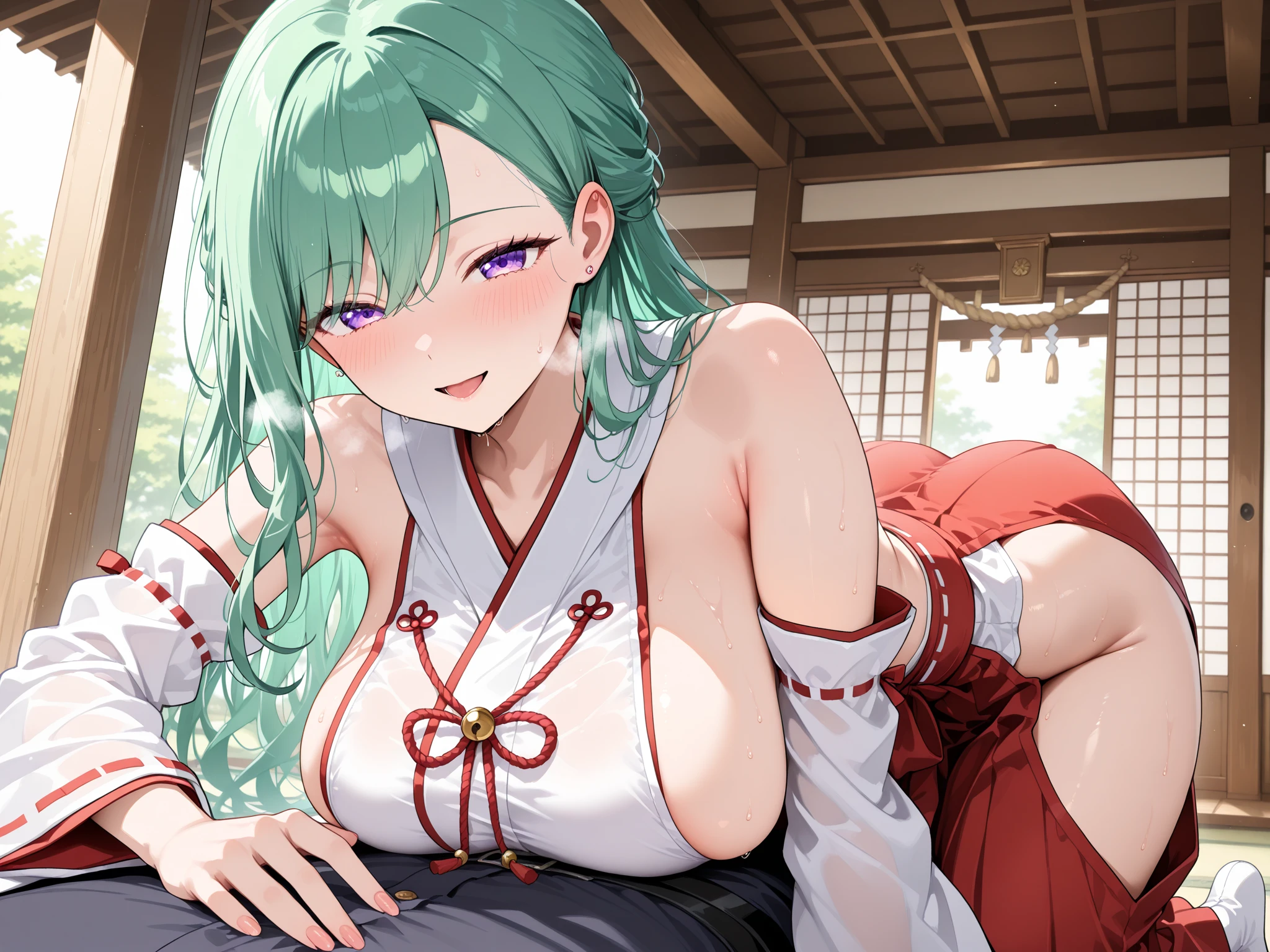 (​masterpiece)), ((top-quality)),((Vivid light and shadow depiction)), (The ultra-detailliert), ((kawaii)), cute little, (Detailed body line depiction), ((detailed face depiction)),((ighly detailed)), 4K、 (8K), top-quality, (Beautiful fece),(((World-class quality))), ighly detailed, hight resolution,(((独奏))),((((blue green hair)))).((((shinny hair)))),(((White and beautiful skin))),(((Detailed udder))), (((Beautiful blue-green eyes))),(((Short bob hair)))),(((Ahoge))),normal breast、(((Bold poses)))、(((red blush))),(((Shameful smile)))、(((Looking up from your feet)))、(((composition seen from below)))、acrobatic pose、((Hair flutters in the wind))、(((In a dark love hotel room))),(((full of sweat)))、(((open the legs widely))),((Detailed crotch depiction))),(((Used condoms scattered)))、(((Used condoms are attached to the body))),(((lying back))).(((Open your crotch)))、(((Emphasis on the crotch)))、(((dripping white liquid on the body))),(((Take off your panties up to your ankles)))、((((cum on hair ))),(((Detailed navel depiction))),(((cum on facial))),(((Fall back and raise your legs)))、(((On the red bed)))、(((Close-up of the crotch))),((((Wearing a white kimono and red hakama naked and opening the front)))