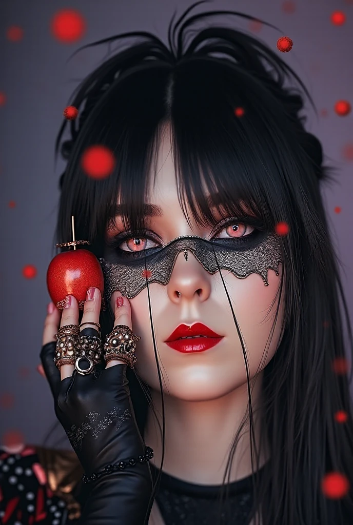 Photorealistic digital painting, modern girl Arlequina + branca de neve Devil fênix negra with the image of a black spider in a pleasing mix, taking inspiration from detailed forms of, dressed in an illustrious black yellow jaketa Hood red  enhanced by the artistic styling of artists like Jose Royo, Boris Vallejo, Julie Bell, Carne Griffiths, Benedick Bana, Brian Froud, Eric Wallis, combines the mystique of fantasy
