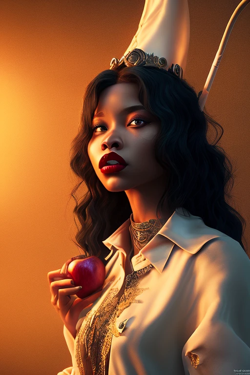Girl macacão látex gold de frente de pé tênis branco ,Black long hair,Black Queen,accessories,Apple in hand,Poison apples,Witch Queen,Red lipstick , Masterpiece, high quality, high resolution, volumetric lighting, subsurface scattering, 8k, Beautiful woman, (morena olho azul skin), neon sky,cidade futurista neon, látex transparente vermelho, (large butt), large breasts, (long-sleeve blouse), (cotton-shorts:1.2), wavy