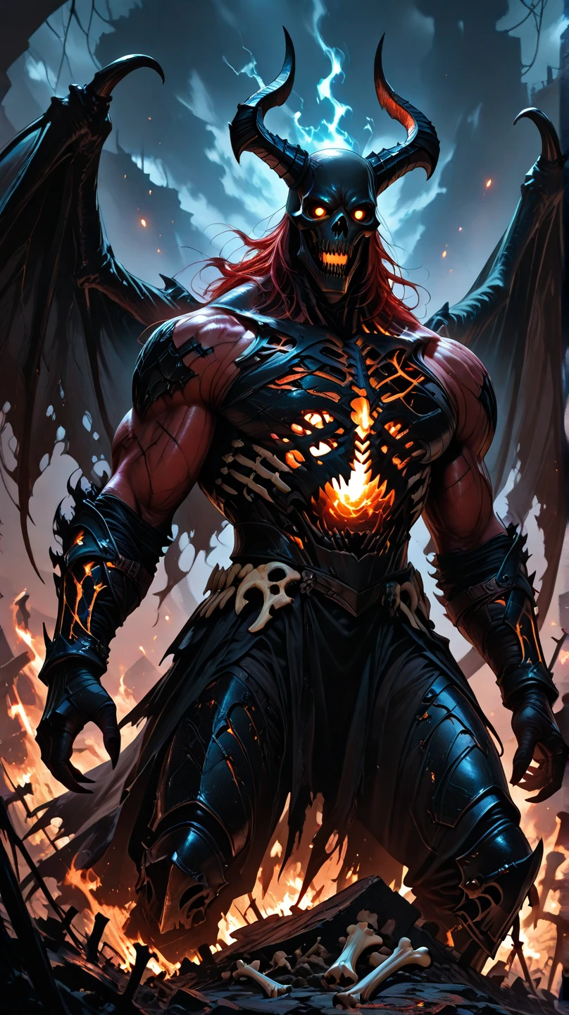 (masterpiece:1.2, best quality:1.2), ((masterpiece)), (((best quality))), ((ultra-detailed)), ((illustration)), (male), <lyco:spawn-000020:1.0>, (spawn, red cape, chains, green eyes), mask, white markings, full black suit, chaos, super wide angle shot, ((standing over an army of demons, armies of hell, a legion of souls))