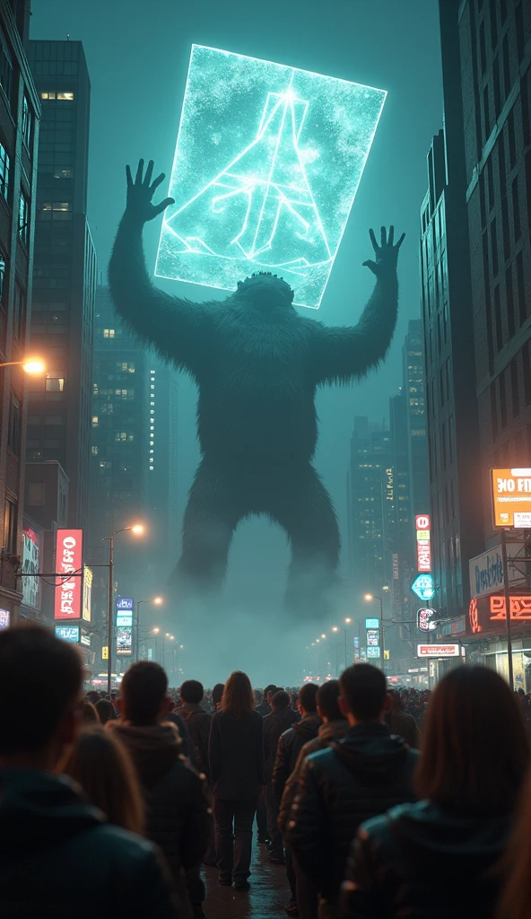 horror scene from a movie, many giant tall scary monkey figures semi transparent apparitions floating and flying, smoke on the floor,  in city street, busy crowd running away