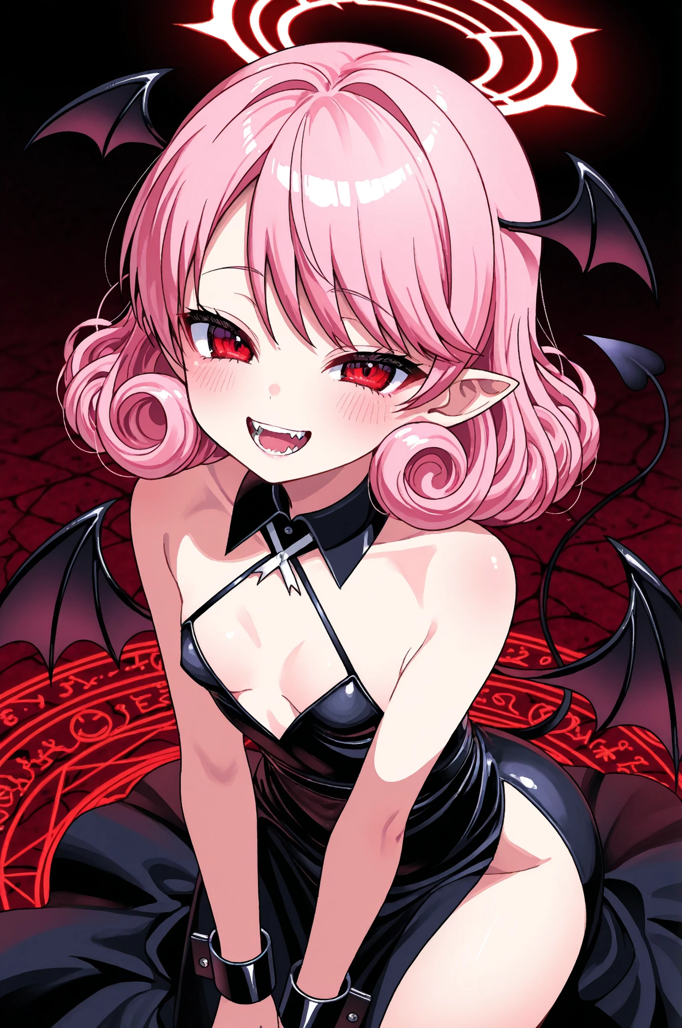 「Demon Summoning」。If you whisper in front of the magic circle、The wind from hell begins to blow quietly、little devil、Adorable Expression That Never Stops Being Mischievous、little devilがこっそり見せるいたずらっぽい笑顔、Petite Sexy Girl、pink hair with cuffs、short hair、Curly hair、dull bangs、Little Bat Wings on Her Head、small breasts、Bat Wings on Her Back、Black open neckline dress、Elegant Outfit、mezugaki、Good、Leather Teeth