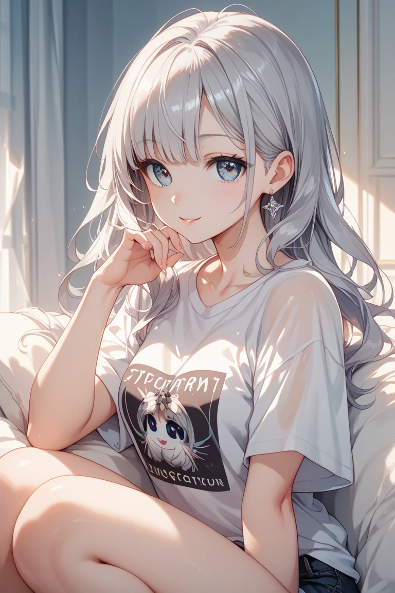 Gal、Wearing a T-shirt、Sitting on the couch、hair is gray、laughing、Around 25 years old、Anime style illustration long hair, 