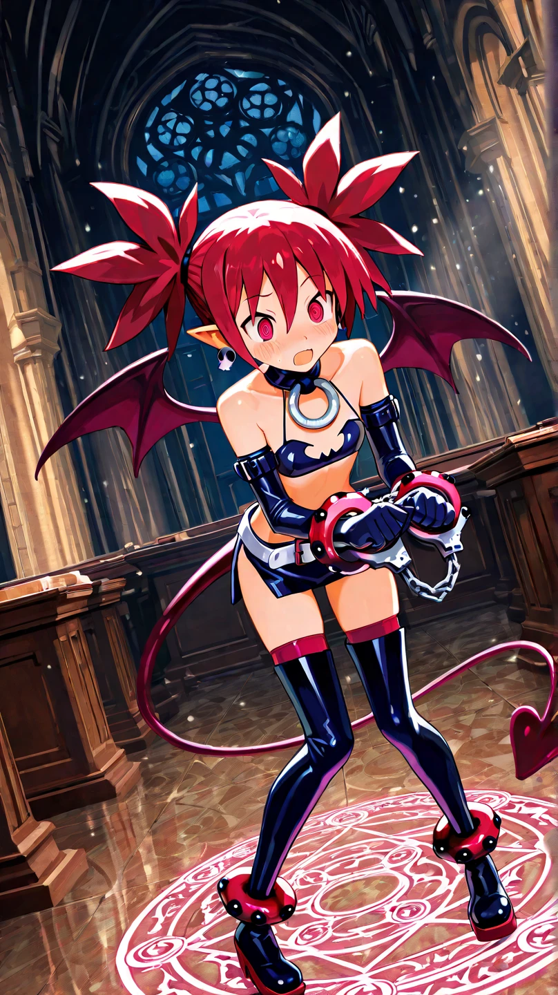 the girl in heat has two horns tied flat chest, as well as two hands on her flushed lewd face