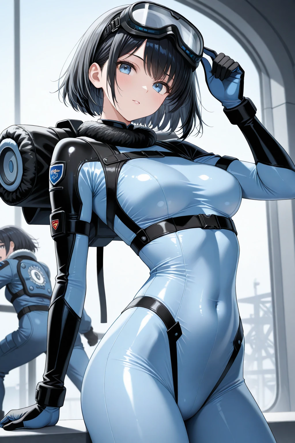 A pale skinned girl with sky blue eyes, short black bob hair, freckles on her face and huge breasts with freckles, small ass, big thighs