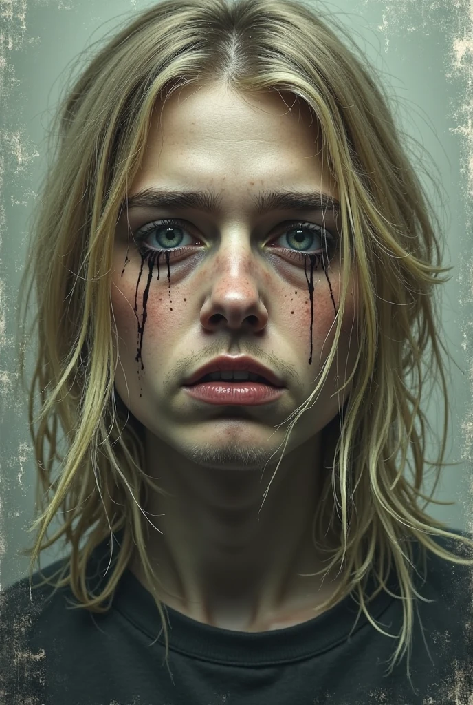 18 year old junkie woman, blonde, junkie, beaten and bruised, focus on face, sad, tears, pretty